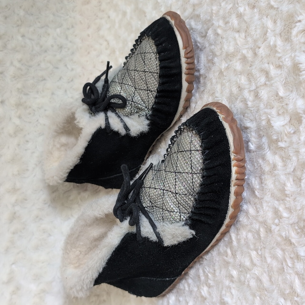 SOREL OUT AND ABOUT MOCCASIN SUEDE SLIPPER BOOTIES BLACK COLOR FOR WOMEN’S